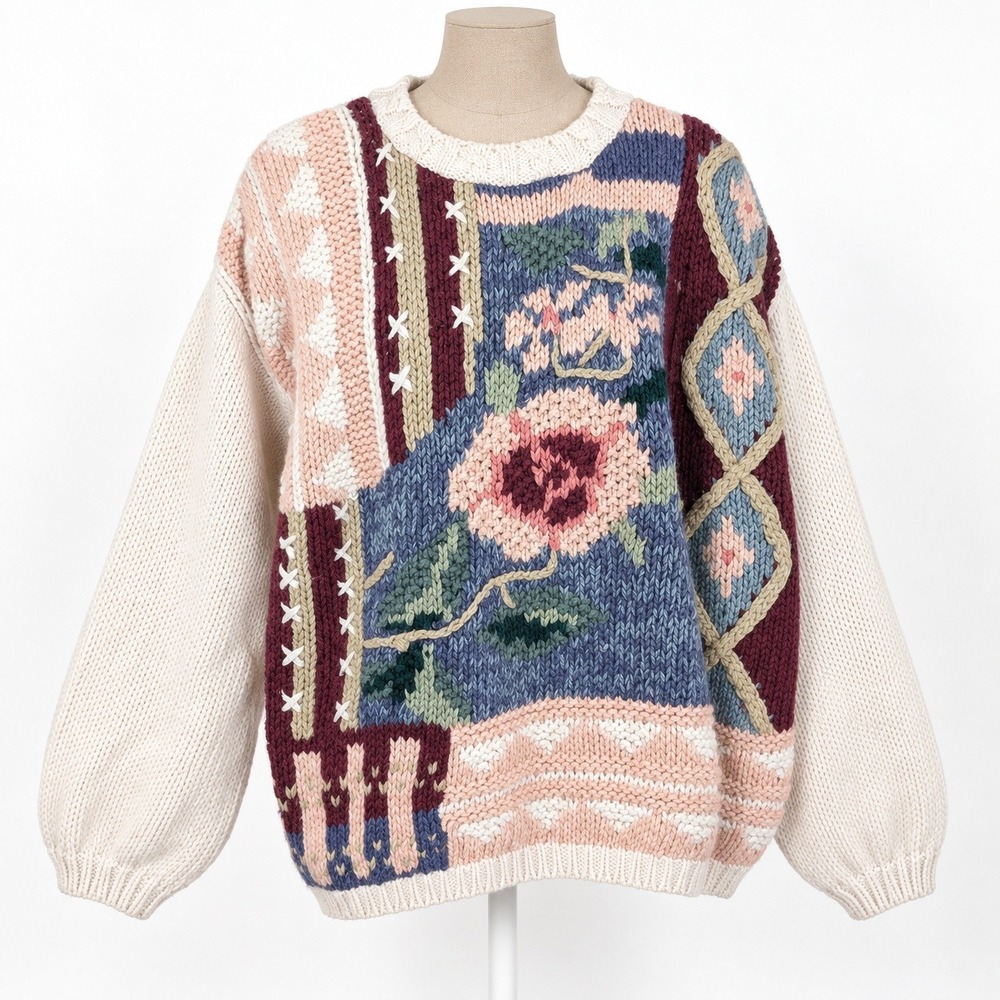 Vintage 90s Heavyweight Patchwork Floral Sweater Size M Pink Cottagecore Granny